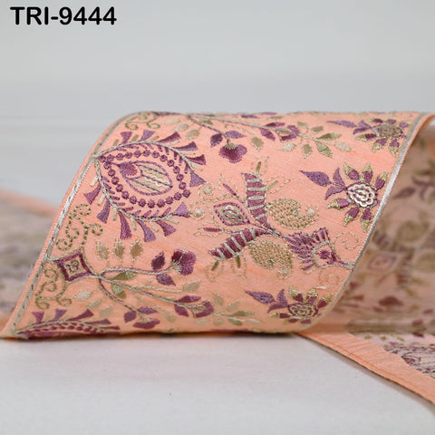 9 Yard Peach Embroidered Ribbons 10cm Trim Indian Embroidery Laces | Sari Border Saree | DIY Crafting Beach Bag Decorative Trimmings Tapes
