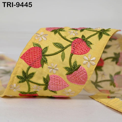 9 Yard Strawberry Embroidery Ribbon Trim 4cm Embellishments Sari Sewing DIY Crafting Border Indian Embroidered Trimmings Laces Junk Journals