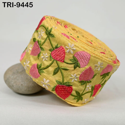9 Yard Strawberry Embroidery Ribbon Trim 4cm Embellishments Sari Sewing DIY Crafting Border Indian Embroidered Trimmings Laces Junk Journals