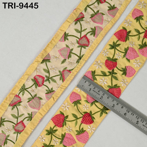 9 Yard Strawberry Embroidery Ribbon Trim 4cm Embellishments Sari Sewing DIY Crafting Border Indian Embroidered Trimmings Laces Junk Journals