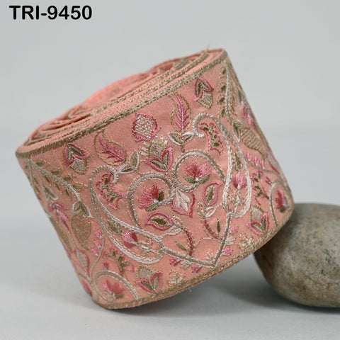 9 Yard Peach 9cm Embroidery Fabric Trims Embellish for Footwear Making Embroidered Ribbon Crafting Indian Border Christmas Home Decor Laces