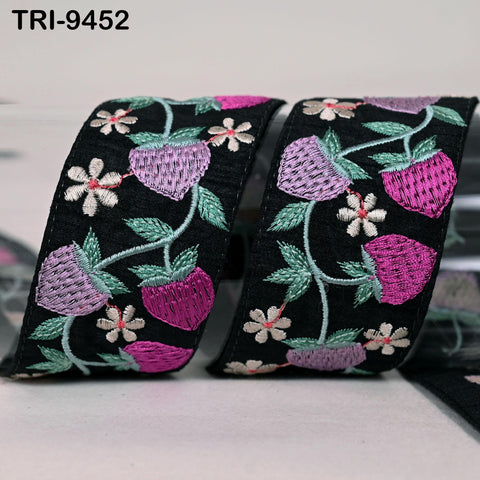 9 Yard Strawberry Embroidery Ribbon Trim 4cm Embellishments Sari Sewing DIY Crafting Border Indian Embroidered Trimmings Laces Junk Journals