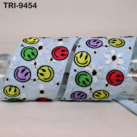 3 Yard Blue Smiley Embroidery Ribbon 6cm Indian Sari Border Embroidered DIY Crafting Sewing Junk Journals Kids Costumes Home Decor Trimming