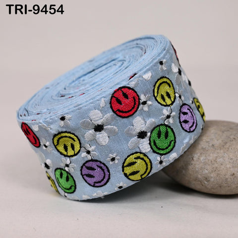 9 Yard Blue Smilely Embroidery Ribbon 6cm Indian Sari Border Embroidered DIY Crafting Sewing Junk Journals Kids Costumes Home Decor Trimming