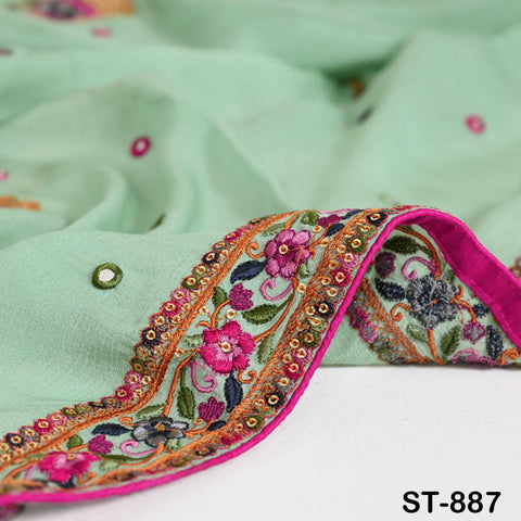 Shipped by Express! Green Embroidered Women Dupatta Chinon Chiffon fabric 2.5 Yard Long Bridal Veil Boho Lehenga Stole for Festival Gift Her