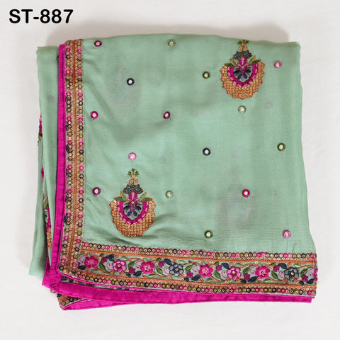 Shipped by Express! Green Embroidered Women Dupatta Chinon Chiffon fabric 2.5 Yard Long Bridal Veil Boho Lehenga Stole for Festival Gift Her