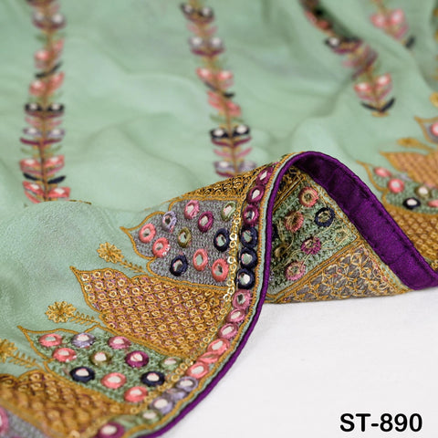 Close up of Mint Green Embroidered Chinon chiffon dupatta with multicolor diagonal embroidery, displayed on a mannequin. Shipped by Express! Green Embroidered Women Dupatta Chinon Chiffon fabric 2.5 Yard Long Bridal Veil Boho Lehenga Stole for Festival Gift Her