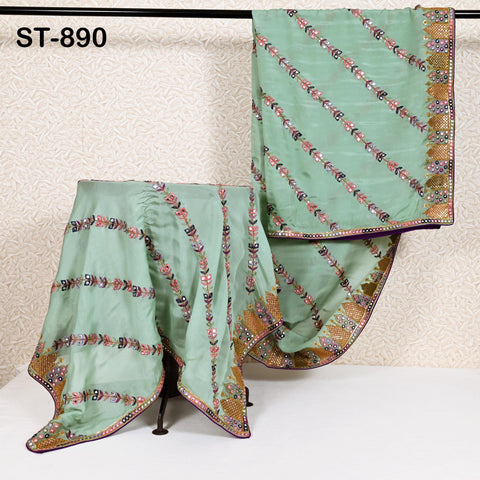 Mint Green Embroidered Chinon chiffon dupatta with multicolor diagonal embroidery, displayed on a mannequin.