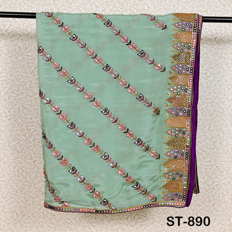 Mint Green Embroidered Chinon chiffon dupatta with multicolor diagonal embroidery, displayed on a mannequin.