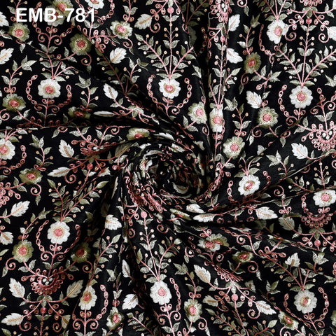 Black Embroidered Fabric by the yard Embroidery Wedding Dresses Theatrical Historical Regency Reticules, Victorian Handbags Junk Journals