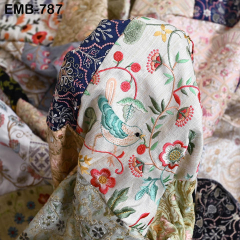 53" Stitched Patchwork Embroidery Fabric by the Yard Victorian Costumes Crafting Cocktails Dresses Coat Home Decor Valances Junk Journals