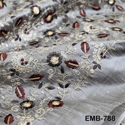 Grey Embroidered Fabric by the yard Embroidery Wedding Dresses Theatrical Historical Regency Reticules, Victorian Handbags Junk Journals