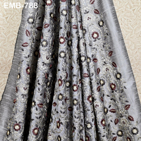 Grey Embroidered Fabric by the yard Embroidery Wedding Dresses Theatrical Historical Regency Reticules, Victorian Handbags Junk Journals