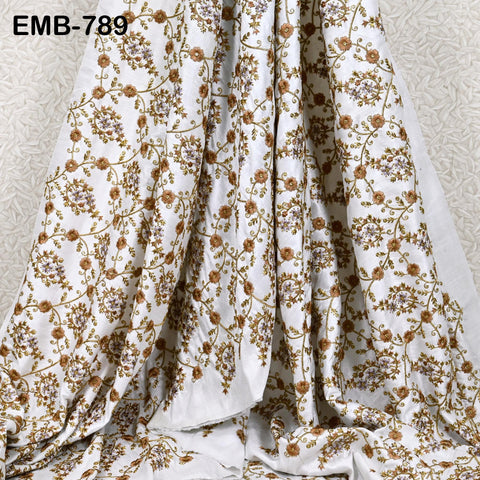 Indian Ivory Embroidered Fabric by the yard Sewing Crafting Wedding Dress Embroidery Costumes Blouses Mid Length Coats Short Jackets Curtain