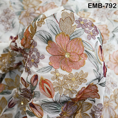 Indian Embroidery Fabric by the Yard Ivory Georgette Embroidered Sewing Crafting Summer Women Dress Material Textile Home Decor Curtains