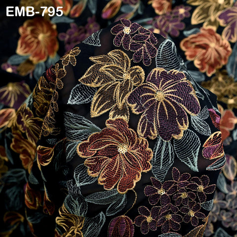 Indian Embroidery Fabric by the Yard Black Georgette Embroidered Sewing Crafting Summer Women Dress Material Textile Home Decor Curtains