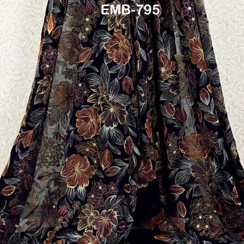 Indian Embroidery Fabric by the Yard Black Georgette Embroidered Sewing Crafting Summer Women Dress Material Textile Home Decor Curtains