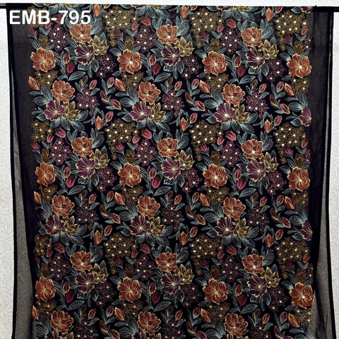 Indian Embroidery Fabric by the Yard Black Georgette Embroidered Sewing Crafting Summer Women Dress Material Textile Home Decor Curtains