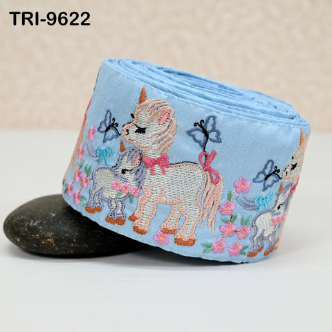 9 Yard Unicorn Embroidery Ribbon 8cm Indian Embroidered Fabric Trim Laces Sari Border Sewing Kids Accessory Junk Journals DIY Crafting Blue