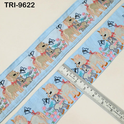 9 Yard Unicorn Embroidery Ribbon 8cm Indian Embroidered Fabric Trim Laces Sari Border Sewing Kids Accessory Junk Journals DIY Crafting Blue