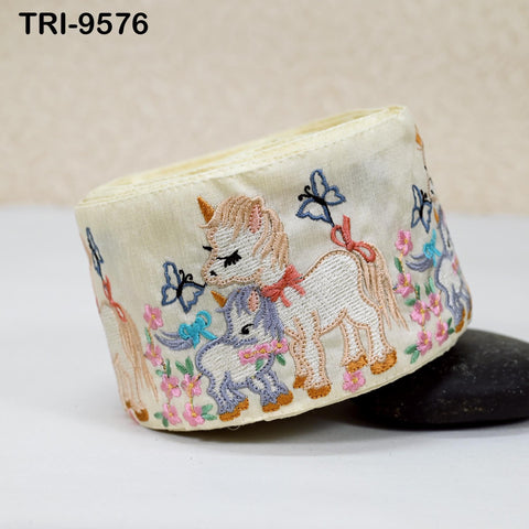 1 Meter Unicorn Embroidery Ribbon 8cm Indian Embroidered Fabric Trim Sari Border Sewing Kids Accessory Junk Journals DIY Crafting Ivory