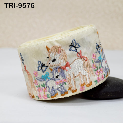 9 Yard Unicorn Embroidery Ribbon 8cm Indian Embroidered Fabric Trim Laces Sari Border Sewing Kids Accessory Junk Journals DIY Crafting Ivory