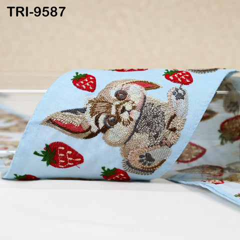 9 Yard Embroidery Ribbon Trim Rabbit with Strawberries Saree Border Crafting Sewing Throw Pillow Home Decor Embellishments Junk Journals 9cm