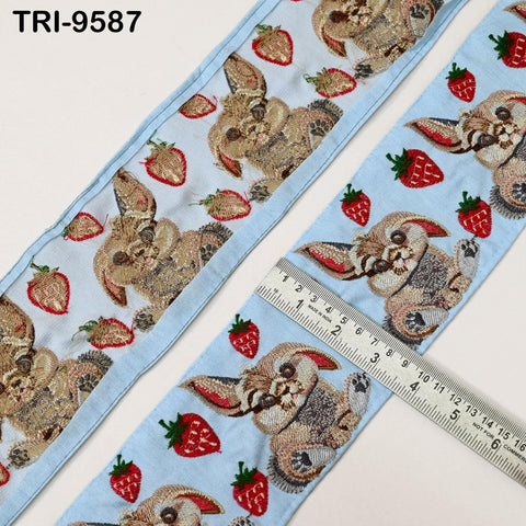 9 Yard Embroidery Ribbon Trim Rabbit with Strawberries Saree Border Crafting Sewing Throw Pillow Home Decor Embellishments Junk Journals 9cm