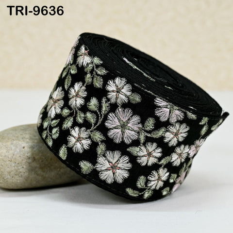 3 Yard Green Floral Embroidery 7cm Ribbon Indian Sari Border Embroidered Crafting Sewing Junk Journals Kids Costumes Home Decor Trimming