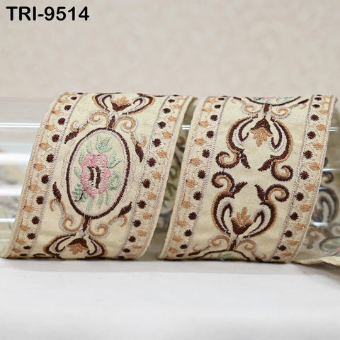 3 Yard Beige Embroidery Ribbons Indian Sari Border Embroidered Crafting Sewing Tablecloth Lampshade making Home Decor Costumes Trimming 6cm