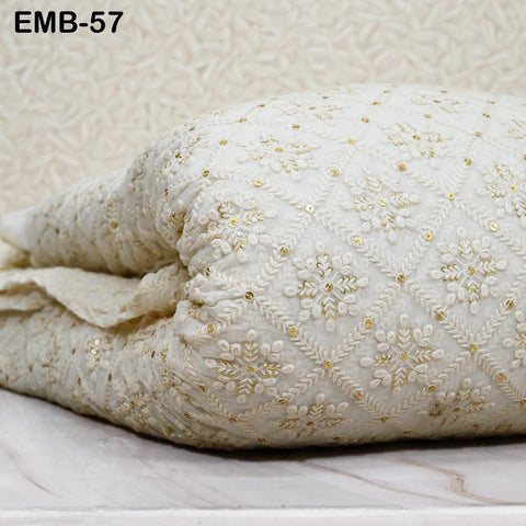 54'' Indian Ivory Georgette Sequined Embroidered Fabric by the Yard Wedding Dress Sequin Saree Crafting Sewing Costumes Dyeable Chikankari