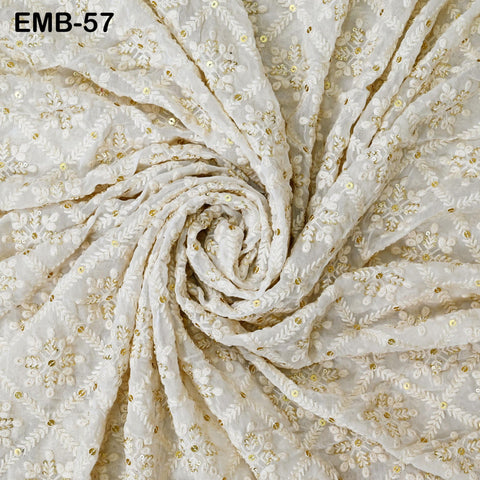 54'' Indian Ivory Georgette Sequined Embroidered Fabric by the Yard Wedding Dress Sequin Saree Crafting Sewing Costumes Dyeable Chikankari