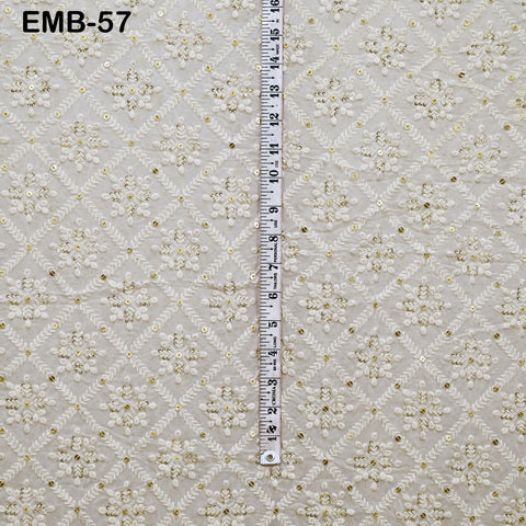 54'' Indian Ivory Georgette Sequined Embroidered Fabric by the Yard Wedding Dress Sequin Saree Crafting Sewing Costumes Dyeable Chikankari