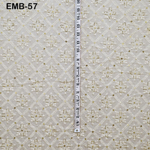 54'' Indian Ivory Georgette Sequined Embroidered Fabric by the Yard Wedding Dress Sequin Saree Crafting Sewing Costumes Dyeable Chikankari