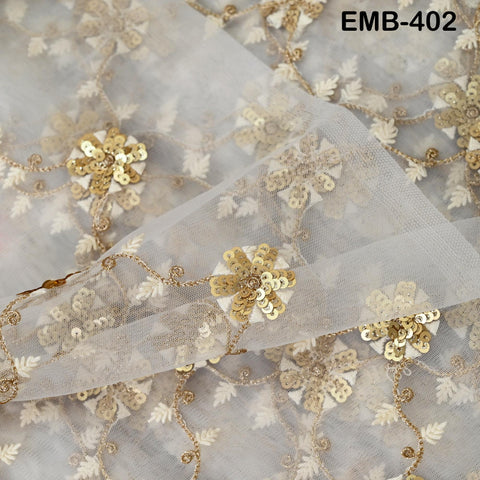 Ivory Net Embroidery Fabric by the Yard Sequin Bridal Wedding Dress Veil Embroidered Indian Saree DIY Dupatta Crafting Sewing Costumes Doll