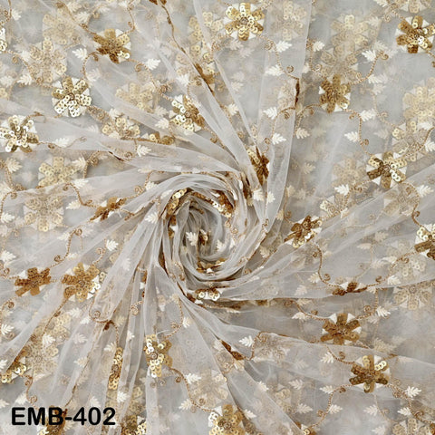 Ivory Net Embroidery Fabric by the Yard Sequin Bridal Wedding Dress Veil Embroidered Indian Saree DIY Dupatta Crafting Sewing Costumes Doll