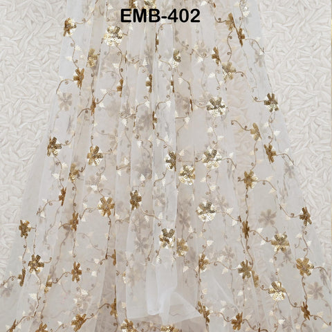 Ivory Net Embroidery Fabric by the Yard Sequin Bridal Wedding Dress Veil Embroidered Indian Saree DIY Dupatta Crafting Sewing Costumes Doll