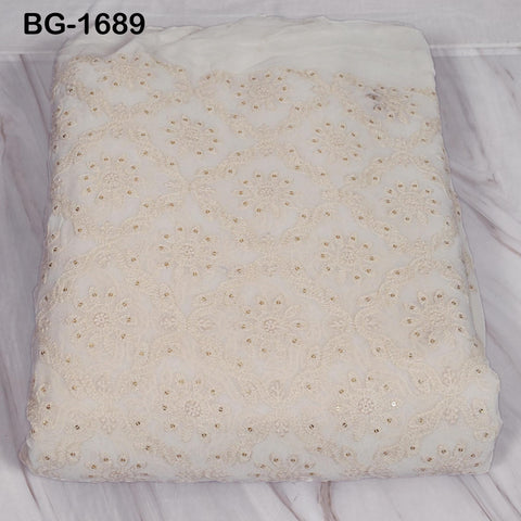 54'' Dyeable Ivory Georgette Sequined Wedding Dress Embroidered Fabric by the Yard Indian Sequin Saree Crafting Sewing Costumes chikankari