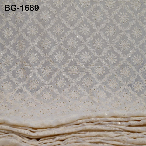 54'' Dyeable Ivory Georgette Sequined Wedding Dress Embroidered Fabric by the Yard Indian Sequin Saree Crafting Sewing Costumes chikankari