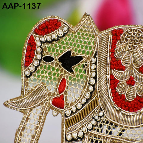 2 Piece Elephant Golden Zardozi Appliques and Patches, Embroidered Indian Handmade Applique Sewing DIY Crafting Embellish Clothing Accessory