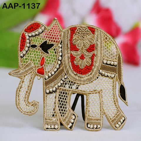 2 Piece Elephant Golden Zardozi Appliques and Patches, Embroidered Indian Handmade Applique Sewing DIY Crafting Embellish Clothing Accessory