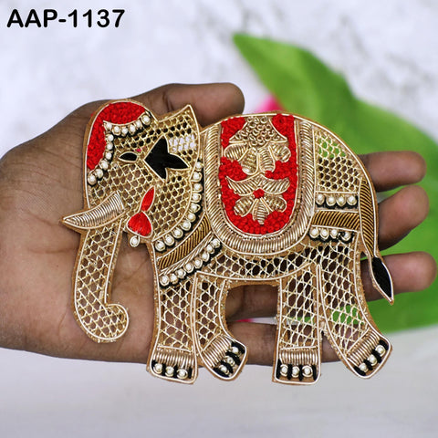 2 Piece Elephant Golden Zardozi Appliques and Patches, Embroidered Indian Handmade Applique Sewing DIY Crafting Embellish Clothing Accessory