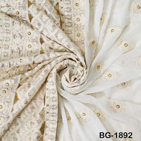 Dyeable Embroidered Fabric by the Yard Ivory Georgette Sequined Wedding Dress Indian Sequin Saree Crafting Sewing Costumes chikankari