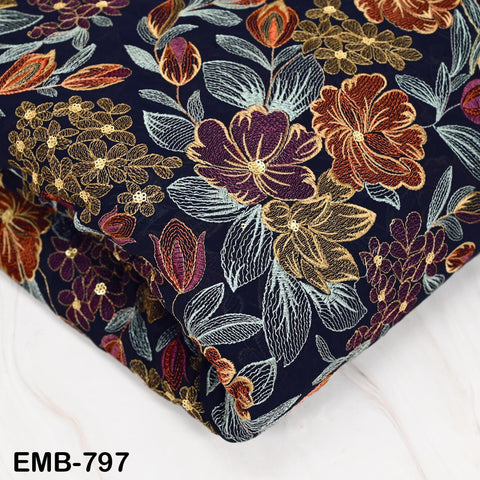 Indian Embroidery Fabric by the Yard Blue Georgette Embroidered Sewing DIY Crafting Summer Women Dress Material Textile Home Decor Curtains