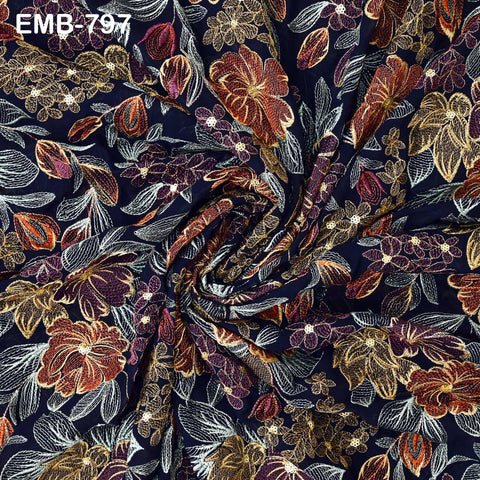 Indian Embroidery Fabric by the Yard Blue Georgette Embroidered Sewing DIY Crafting Summer Women Dress Material Textile Home Decor Curtains