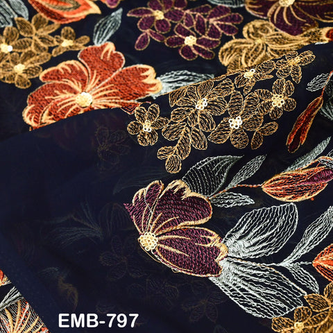 Indian Embroidery Fabric by the Yard Blue Georgette Embroidered Sewing DIY Crafting Summer Women Dress Material Textile Home Decor Curtains