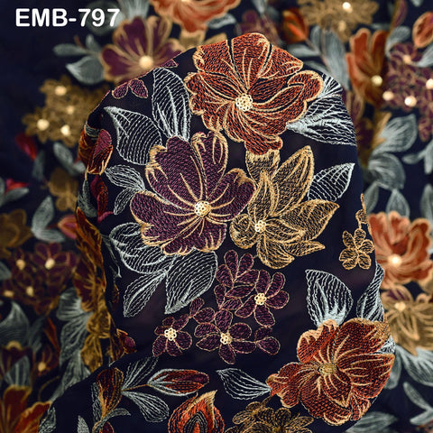 Indian Embroidery Fabric by the Yard Blue Georgette Embroidered Sewing DIY Crafting Summer Women Dress Material Textile Home Decor Curtains