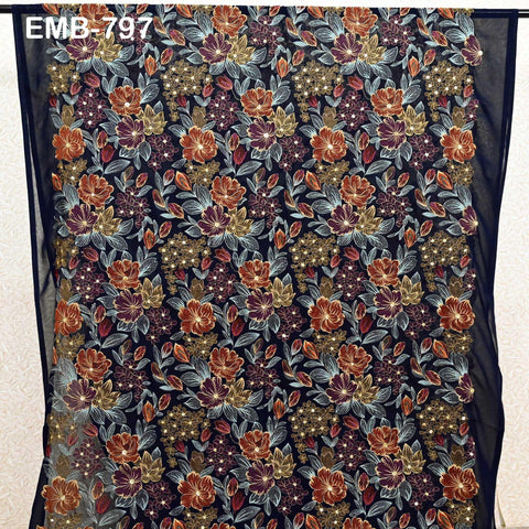 Indian Embroidery Fabric by the Yard Blue Georgette Embroidered Sewing DIY Crafting Summer Women Dress Material Textile Home Decor Curtains