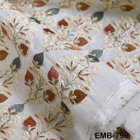 White Embroidered Fabric by the yard Sewing DIY Crafting Indian Embroidery Wedding Dresses Historical Costumes Waistcoats Longline Jackets