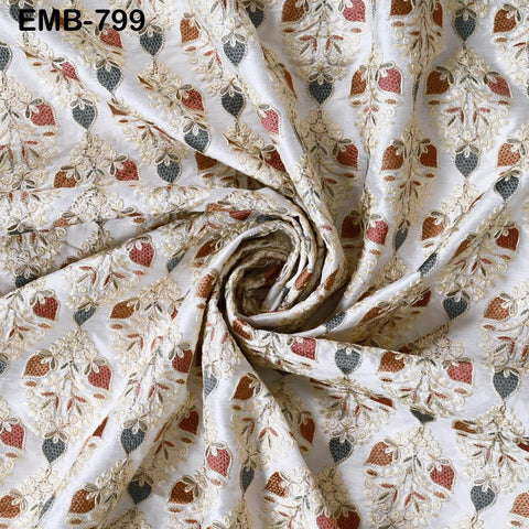 White Embroidered Fabric by the yard Sewing DIY Crafting Indian Embroidery Wedding Dresses Historical Costumes Waistcoats Longline Jackets